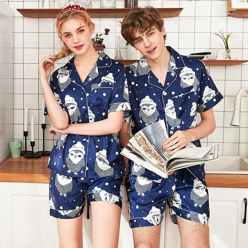 

Simulation Silk Couple Pajamas For Spring And Autumn Short-sleeved Home Service Two-piece Suit For Couples