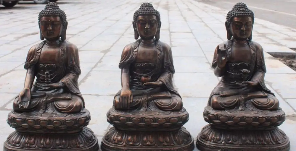 

Bronze Seat Lotus 3 Auspicious Western Shakyamuni Kwan-yin God Buddha Statue Set