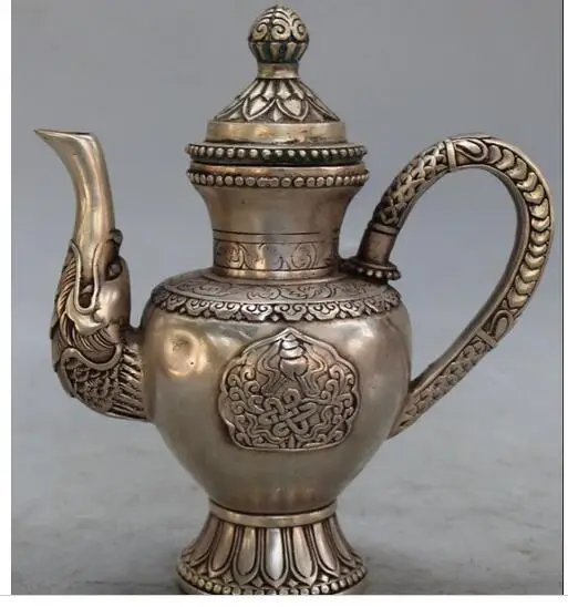 

Декоративные Медные серебряные фабричные магазины 7 дюймов отмеченный китайский фэн-шуй серебряный дракон Флагон Вино чайник Winepot статуя