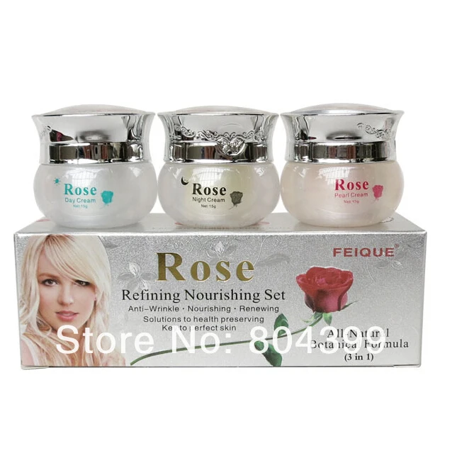 

whitening cream for face wholesale FEIQUE Rose refining nourishing anti wrinkle renewing 3 in 1 skin care 4sets/lot face care