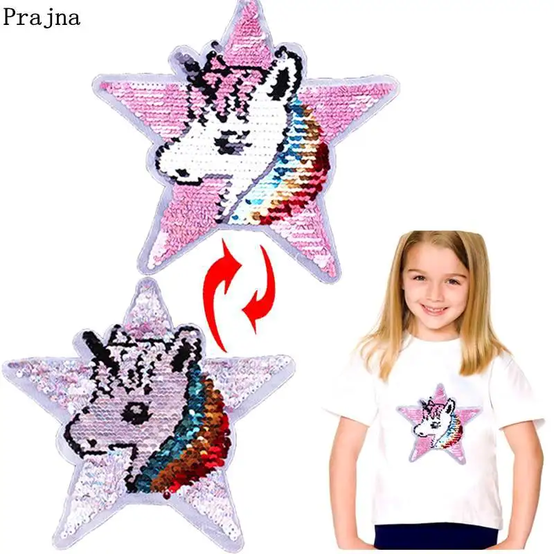 

Prajna Unicorn Reversible Change Color Sequin Patches Rainbow Star Stickers Sewing On Patches For T-shirts With Sequin DIY Decor