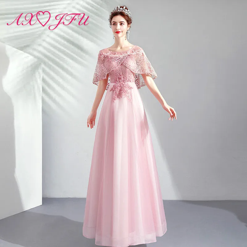

AXJFU new fashions pink lace Evening dresses long toasts pink bridal evening dresses graduation pink lace evening dresses 2860