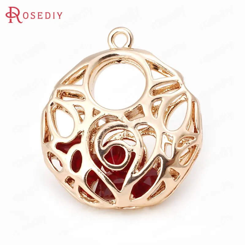 

4PCS 23.5x20.5MM 24K Champagne Gold Color Plated Brass with Red Zircon Hollow Round Rose Charms Pendants Diy Jewelry Findings