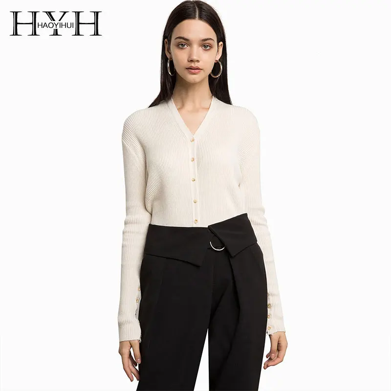 

HYH Haoyihui 2018 Autumn Tops For Women Simple Style Single Row Button Slim Body Long Sleeve Sweater Knitte Coat For Women