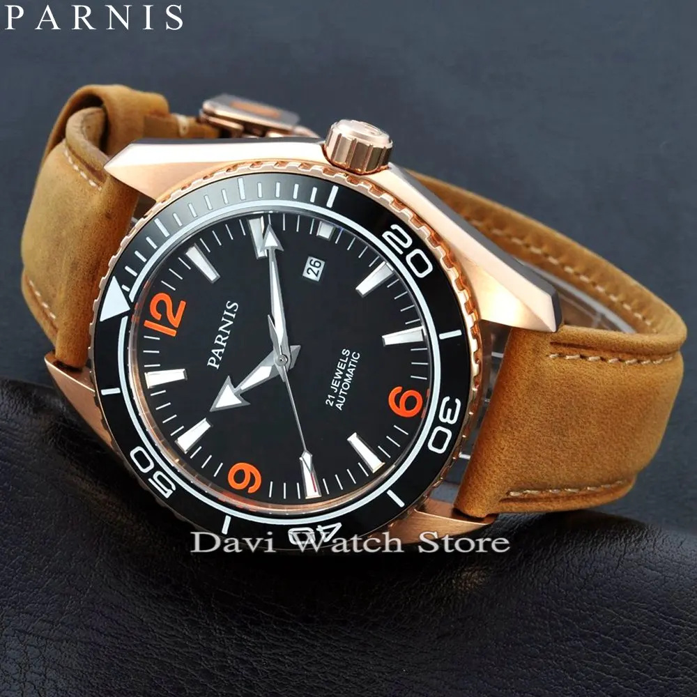 

Parnis 45mm Rose gold case Ceramic Bezel Sapphire Glass Men's MIYOTA Automatic brown band mens Watch