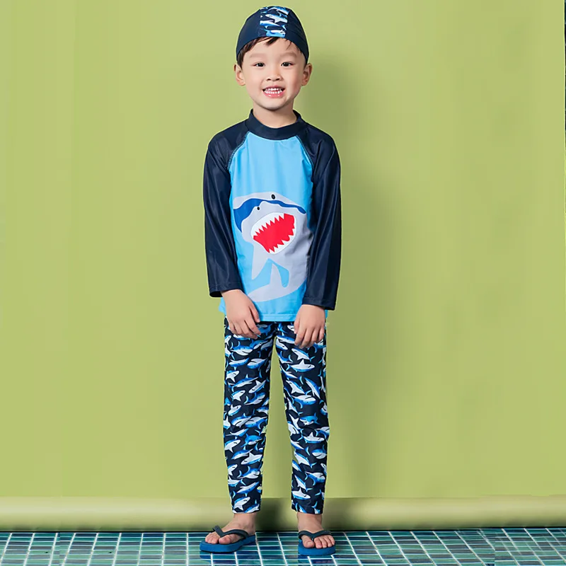 

Upgraded Child Boys Long Sleeve Elastic Swimsuit 2 Pieces Suits With Hat Shark Print Sunscreen Spa Swimwear Beach Wear S91207X