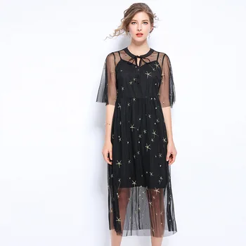 

2019 Summer Women beautiful long dress short sleeve elegant party dress plus size mesh embroidery longos vestido de festa XXXXXL