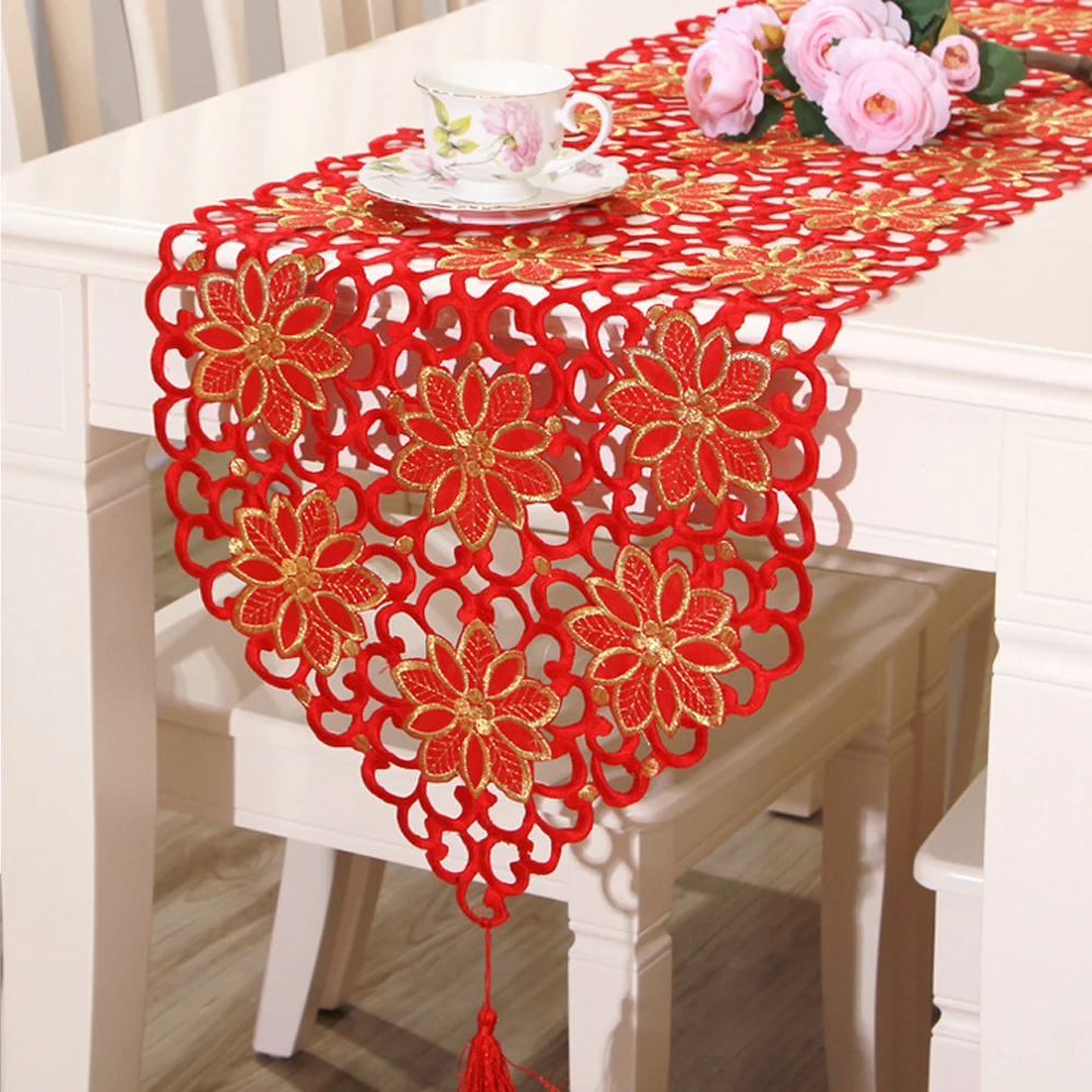 

yazi Brown Table Runner Embroidered Flower Cutwork Fabric Tablecloth Wedding Banquet Party Decoration 4 Size