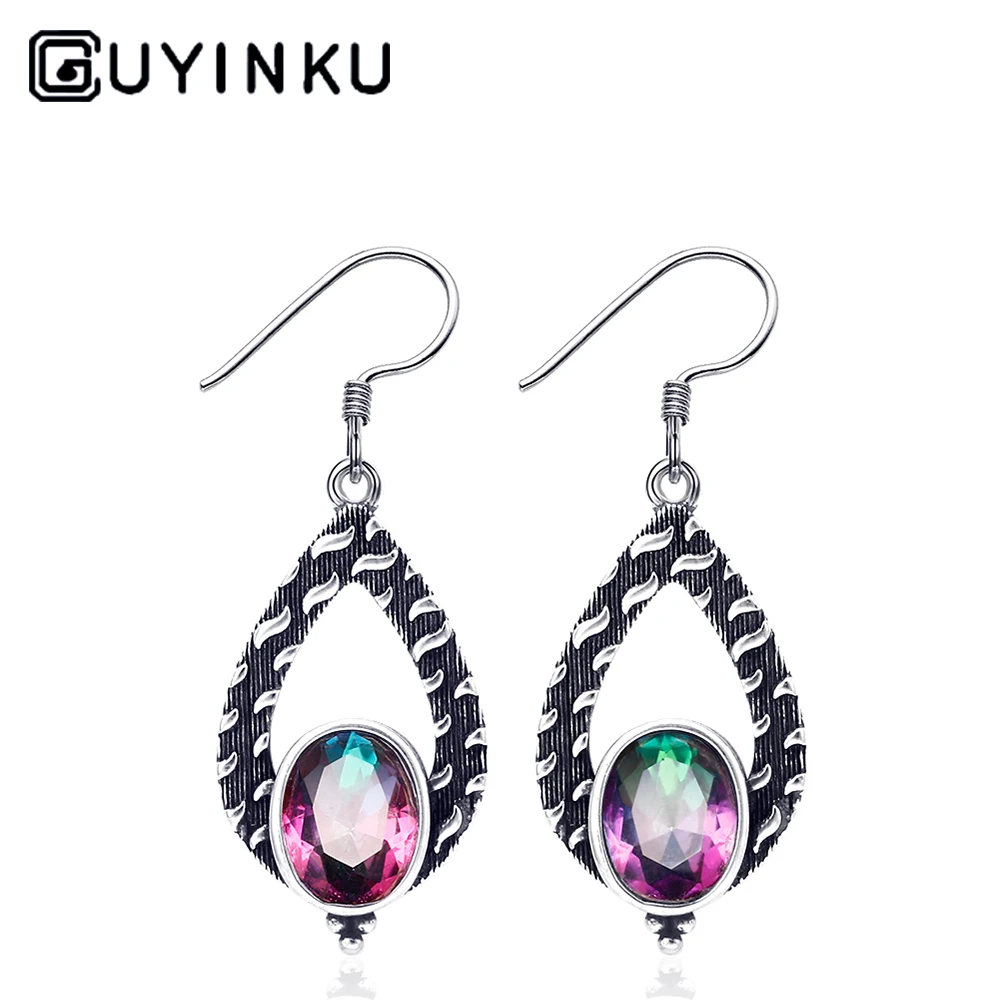 

GUYINKU 925 Sterling Silver Earrings Mystery Topaz Ethnic Oval 6X8 Drop Earrings Women's Party Holiday Gifts High Jewelry