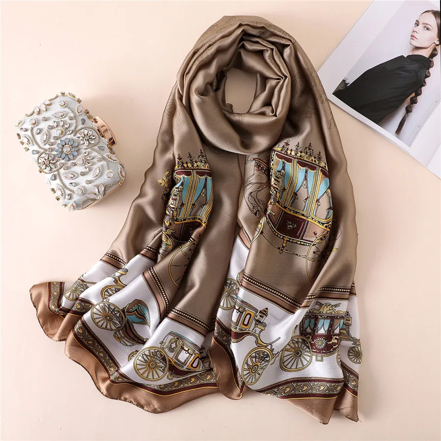 Luxury Brand Women Silk Scarf Carriage Print Summer Beach Shawls and