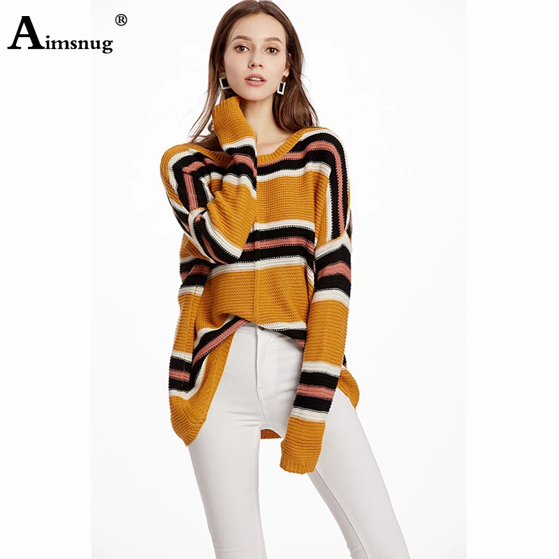 

Aimsnug Long Sleeve Striped Women Crewneck Knitted Pullover Sweaters Vintage Splice Autumn Ladies Pullover Jumper mit streifen