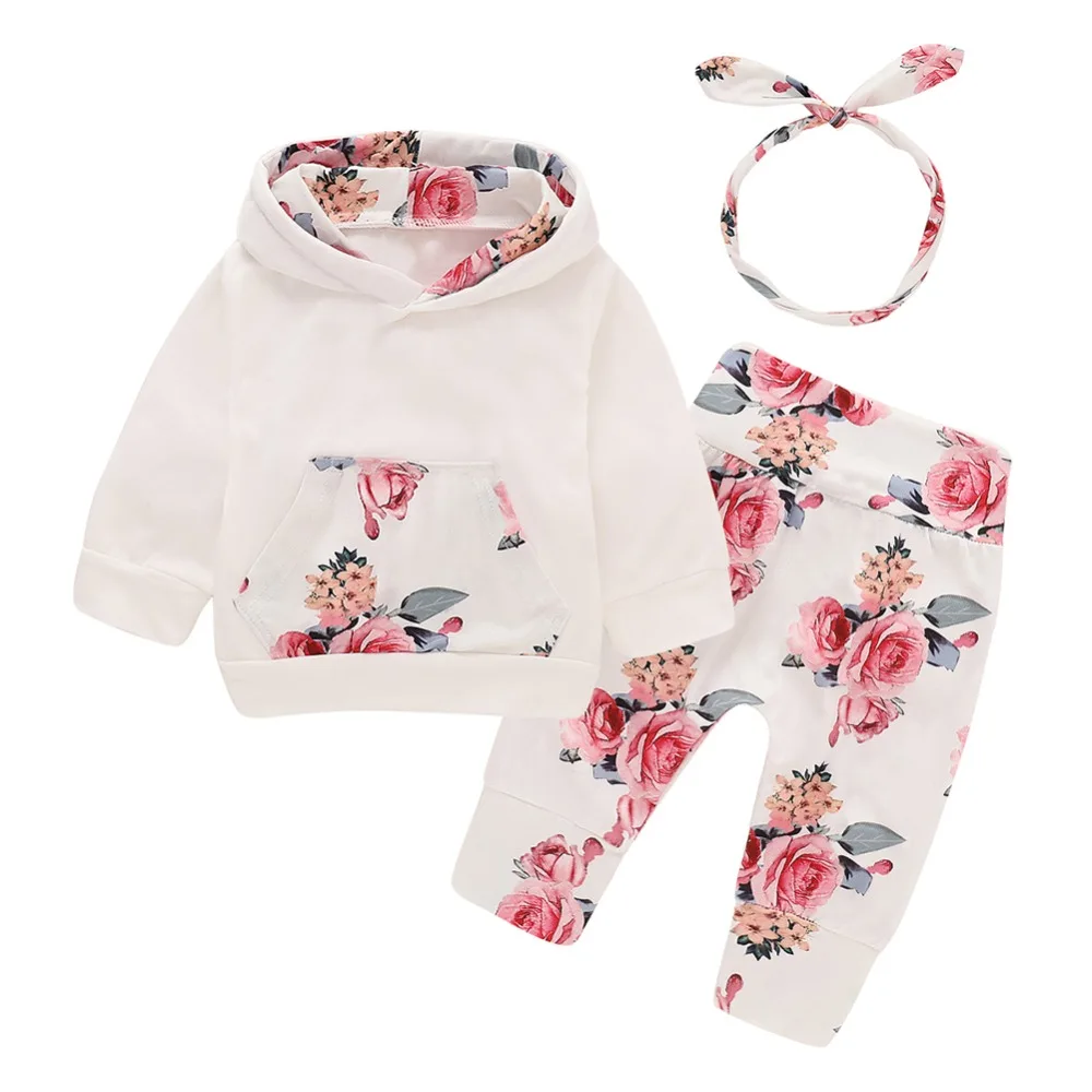

3pcs Baby Girls Clothes Set Infants Baby Floral Print Sweet Cotton Autumn Hoodies Pants Headband Outfits