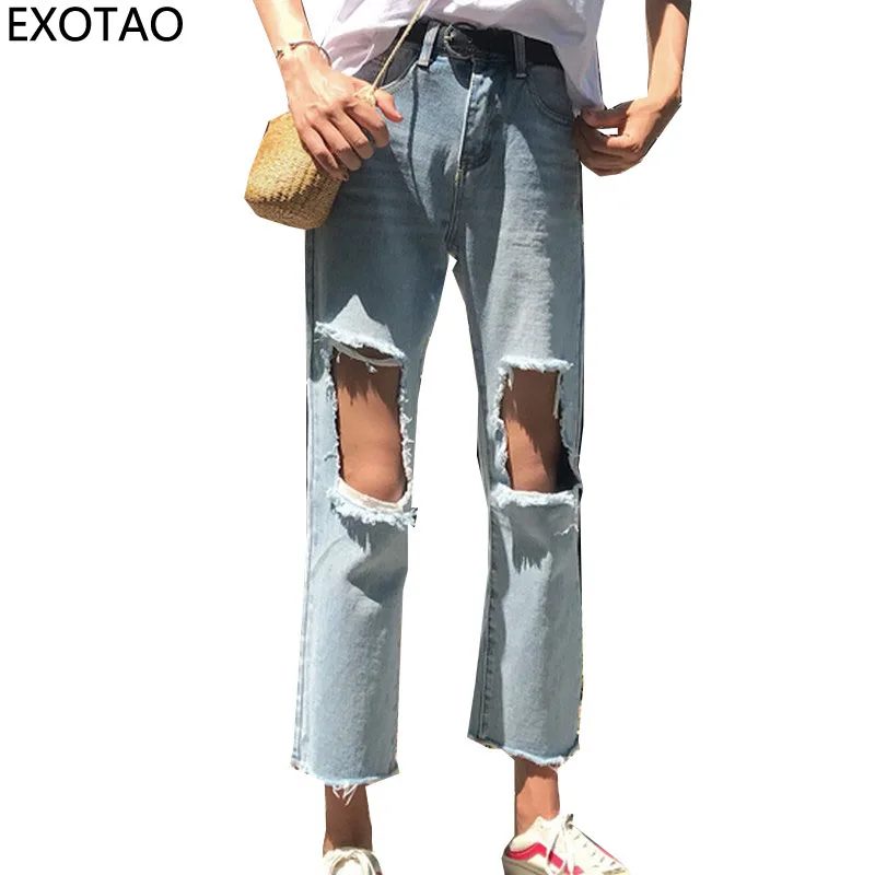 EXOTAO Knie Grote Gaten Ontwerp Denim Broek Vrouwen Enkellange Hoge Taille  Jeans Vrouwelijke Herfst Casual Ripped Pantalones Mujer|high waist jeans| jeans femalewaist jeans - AliExpress