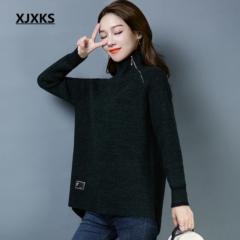 XJXKS, асимметричный подол, удобный, на молнии, женский свитер с высоким воротом, высокая эластичность,, новая мода, Женский пуловер, свитер - Цвет: Зеленый