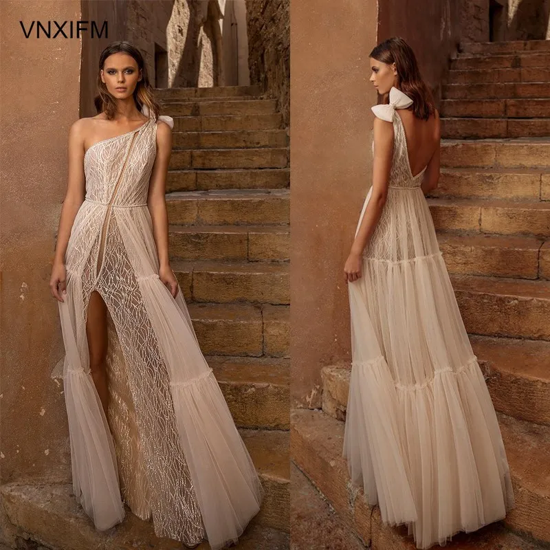 VNXIFM 2019-bridal-one-shoulder-full-embellishment-slit-skirt-boho-chic-a-line-wedding-dress-backless-sweep-train | Свадьбы и