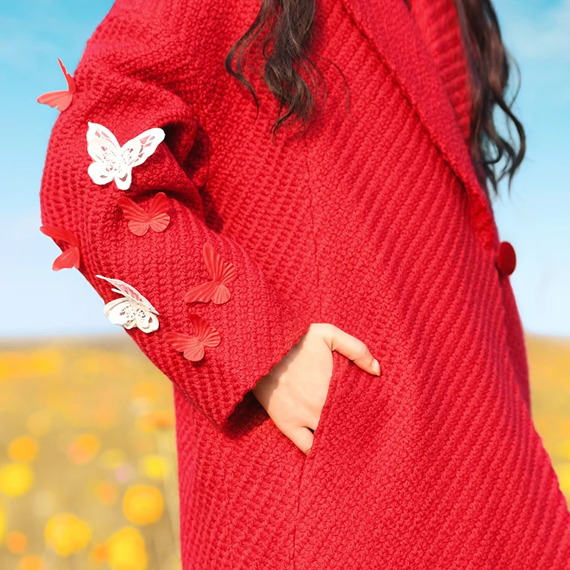 Lâche Hiver 60 De Automne Veste Unique Occasionnel Longue Chaud Laine Papillon Épais Femmes Bref Bouton Rouge qSwgwI4