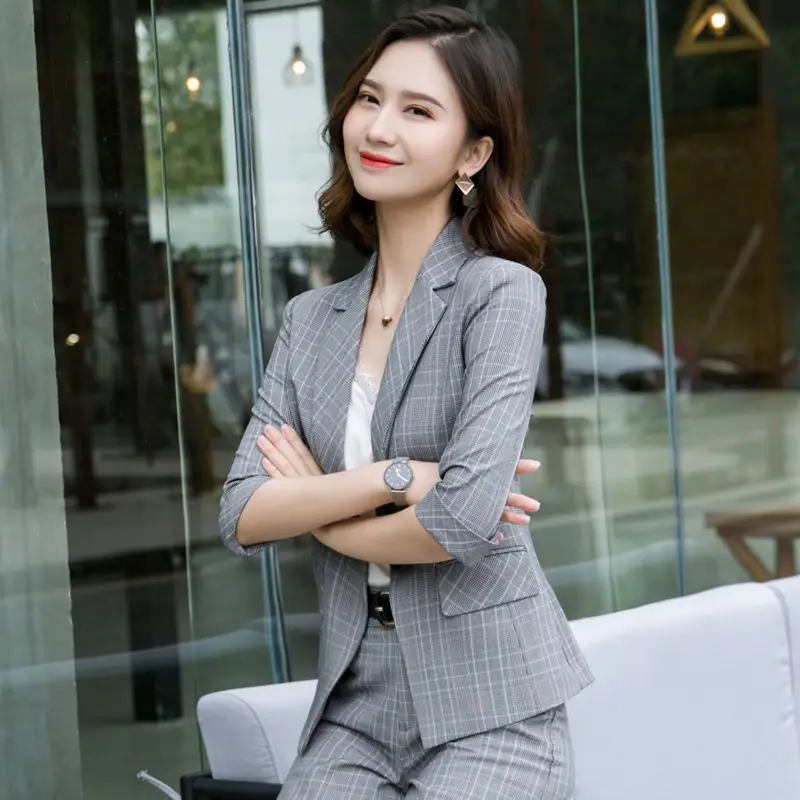 Dushicolorful plaid blazer women jacket Three-quarter sleeve slim OL blazer mujer 2019 office ladies Notched Collar Casual tops