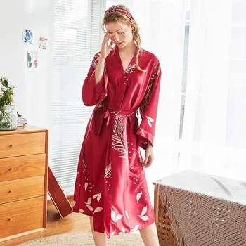 

New Silky Bride Bridal Wedding Women Robe Print Nightdress Sexy Kimono Bathrobe Robes Dress Grown Ladies Nightwear L-XXL