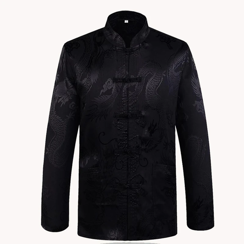 Brand New Arrival Black Chinese Traditional Men's Satin Mandarin Collar Dragon Silk Tang Suit Clothing Kung Fu Jacket Coat