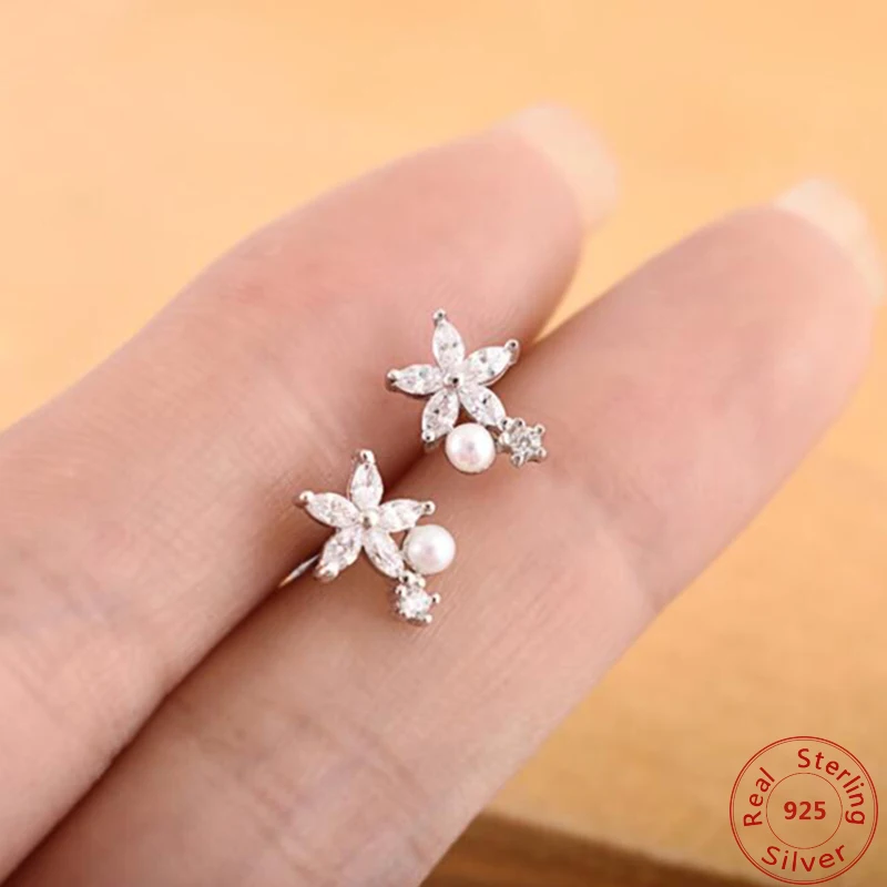 

Classic Round Natural Pearl Women Stud Earrings Flower Pearl Earrings 925 SIilver Jewelry Womens Accessories Wedding Earings