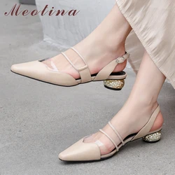 Meotina Women Slingbacks Shoes Natural Genuine Leather Strange Style Heels Shoes Transparent Buckle Ladies Shoes Big Size 33-42 Meotina Women Slingbacks Shoes Natural Genuine Leather Strange Style Heels Shoes Transparent Buckle Ladies Shoes Big Size 33-42