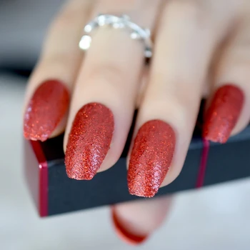 

Sexy Red Artificial Nail Art Tips Glitter Twinkle Medium Coffin Finished Acrylic Nails Women Daily Wear Manicure Tool Z879