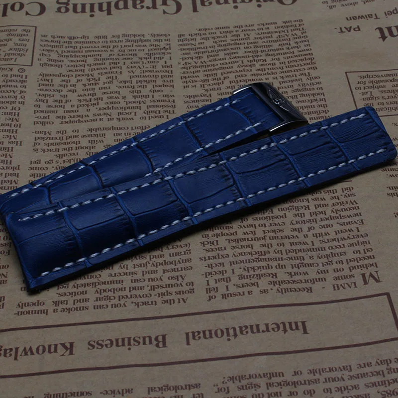 Hot sale new High Quality Blue Leather Watchband folding Buckle delpoyment Watches Accessories 22mm 24mm