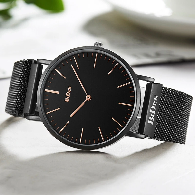 

Men Watches Top Luxury BIDEN No Seconds Pointer Design Unique Clock Male Trendy Mesh Stainless Steel Watch for Men Reloj Hombre