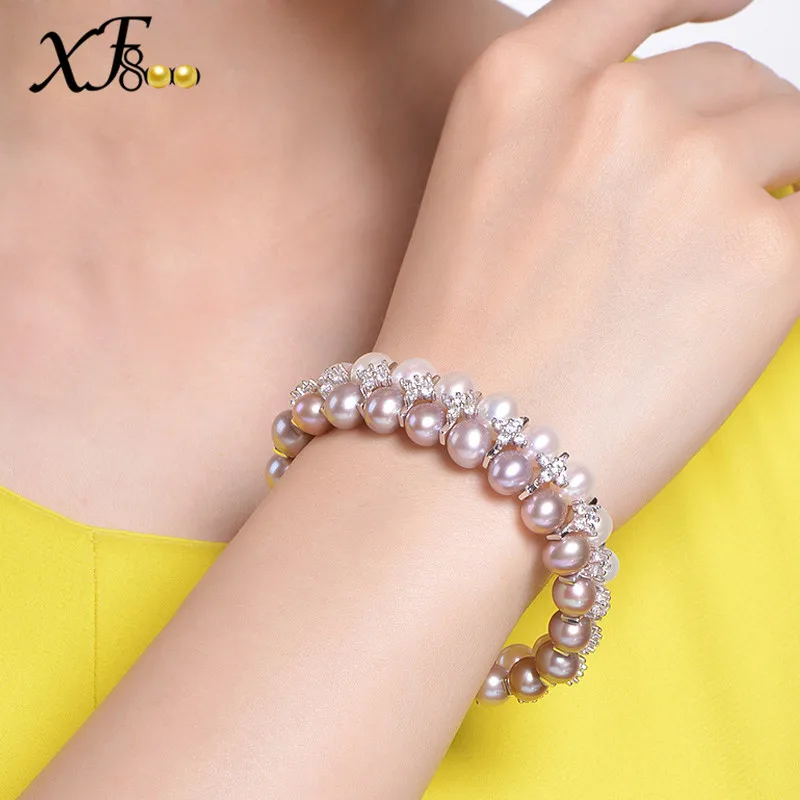 XF800 Романтический смешанный цвет двойной жемчужный браслет 7-8 мм круглой формы натуральный жемчуг браслет для женщин S28