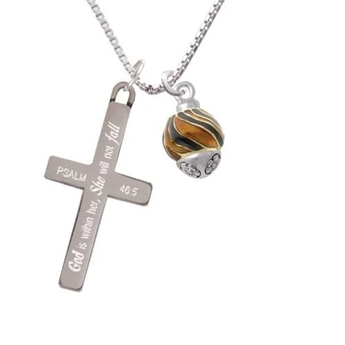 Wide Translucent Tiger Print - Gold Tone Spinner - She will not Fall - Cross Necklace (1)