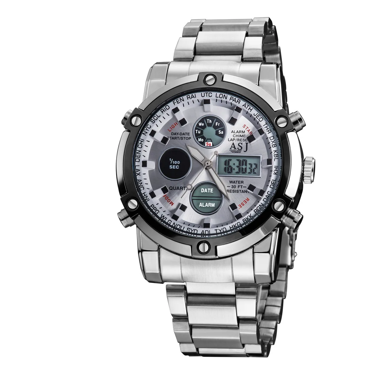 

Brand ASJ Men Full Steel Watches LED Digital Quartz Chronograph Watch 50m Waterproof Dive Sports Military Watches relojes hombre