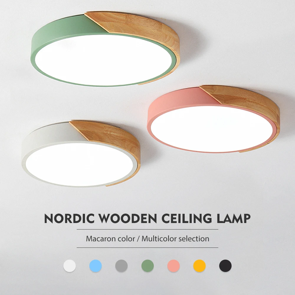 Kaufen Nordic holz decke lampe Dimmbare Led deckenleuchten Runde 30 60 größe durchmesser Ultra dünne 5 cm hohe 7 farben Eisen kunst macaron