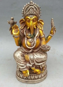 

HOT SELL ---406+++6.7" Tibet Tibetan Gilt Silver Bronze Elephant Headed God Ganesh Statue