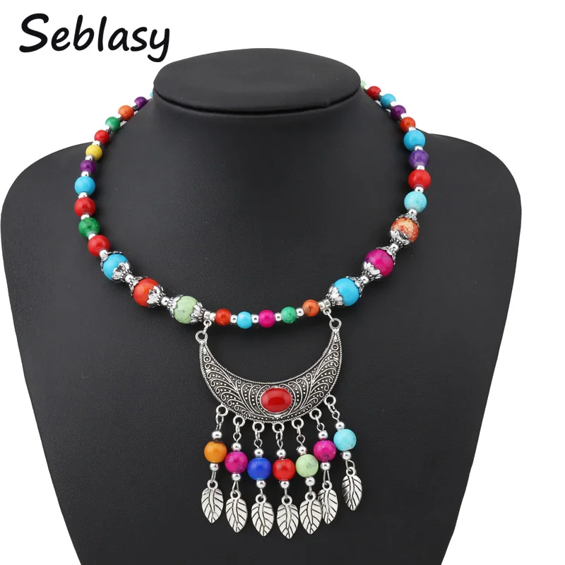 

Seblasy Maxi Boho Big Statement Natural Stone Beads Moon Leaves Tassel Necklaces & Pendants for Women Vintage Colorful Bead Gift