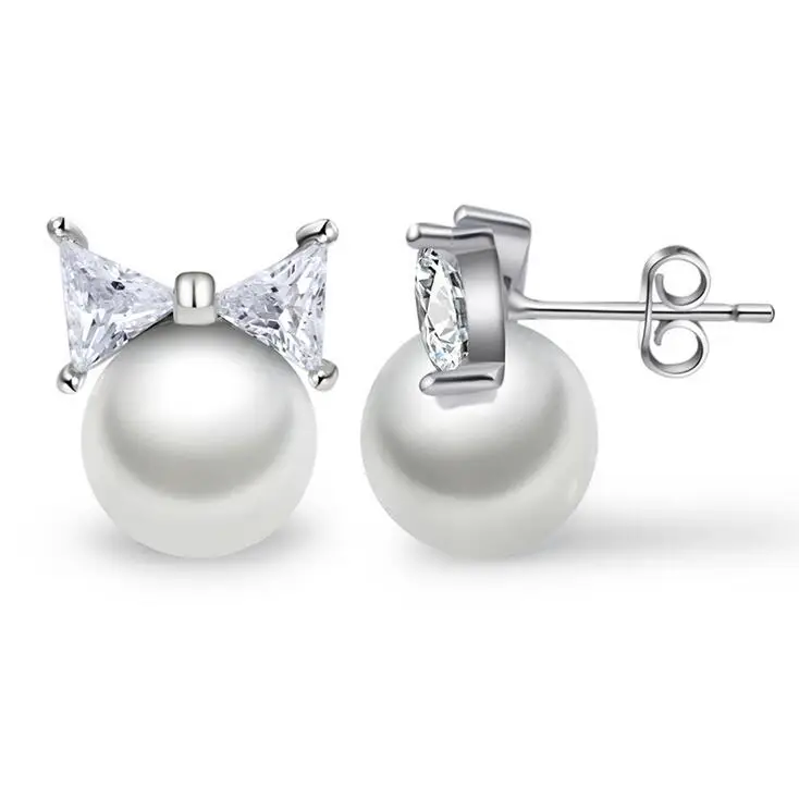 

2017 new arrival hot sell fashion pearl crystal bowknot design 925 sterling silver ladies`stud earrings jewelry gift for women