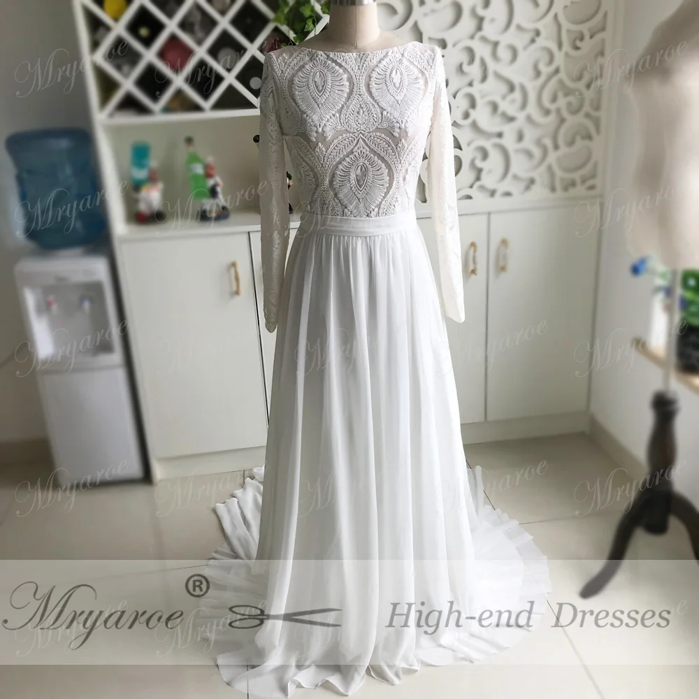 Mryarce Unique Lace Long Sleeves Open Back Simple Elegant Wedding Dress Chiffon Detachable Train  Bridal Gowns 2