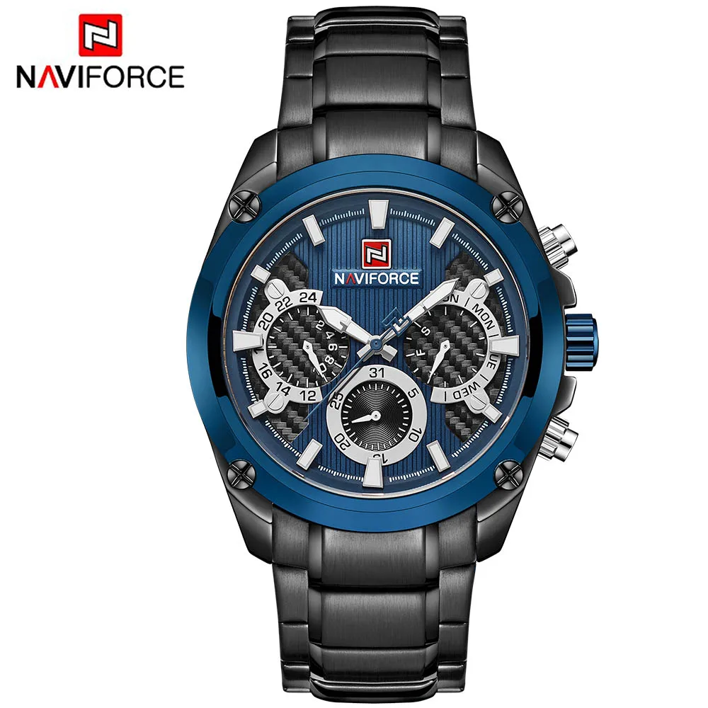 Топ люксовый бренд NAVIFORCE синие золотые часы мужские модные спортивные кварцевые мужские s часы полностью стальные водонепроницаемые часы Relogio Masculino - Цвет: Black Blue