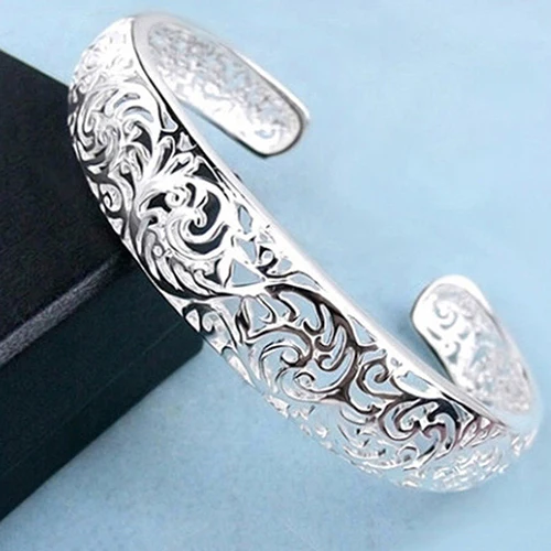 

Women's Silver Plated Bezel Hollow Cuff Bangle Open Bracelet A95O