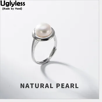 

Uglyless 100% Real Solid 925 Sterling Silver Handmade Open Finger Rings for Women Natural Pearls Ring Semi round Pearl Jewelry