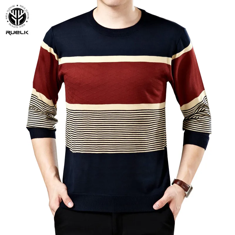RUELK Ripped Stripe Knit Sweaters Men Hip Hop Hole Casual Pullover Sweater Male Fashion Loose Long Sleeve Red Black | Мужская одежда