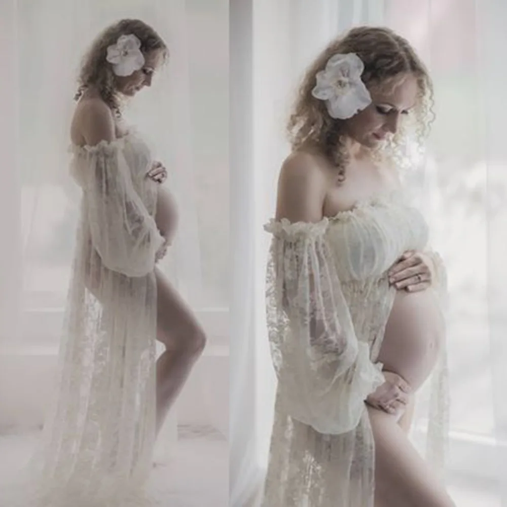 Puseky эластичные кружевные платья для беременных с оборками и высоким разрезом спереди для беременных