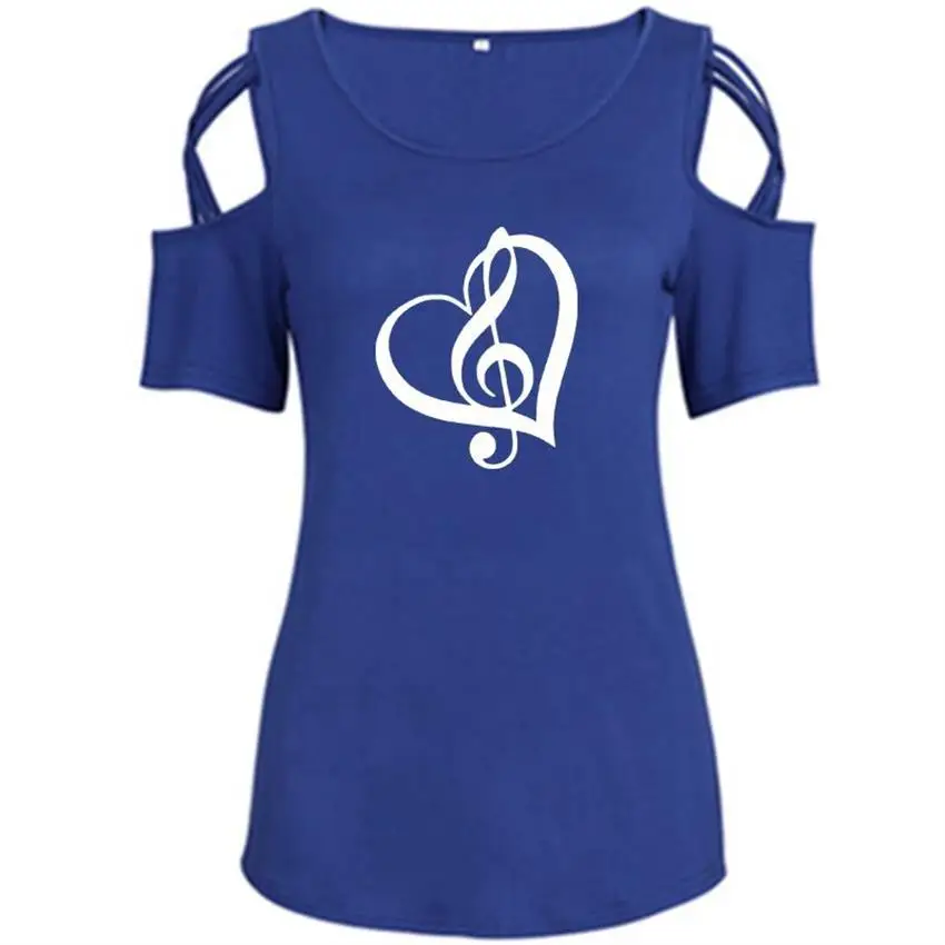 Новая модная кофта с открытыми плечами, футболка для женщин с милым сердцем, музыкальным символом любви, буквенным принтом, Футболка женская Harajuku - Цвет: Blue
