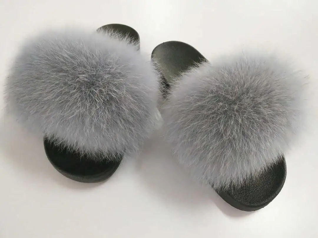 fox fur slippers Женские летние шлепанцы с лисьим мехом; пляжные шлепанцы на плоской подошве; Лидер продаж; размеры 36-45 - Цвет: fox fur slippers