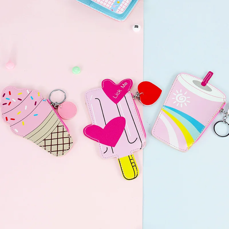 

Women Cartoon Coin Purses Holders And Handbags Cute Icecream Bottle Leather Pouch Kawaii Children Wallet Small Keys Bag Carteira