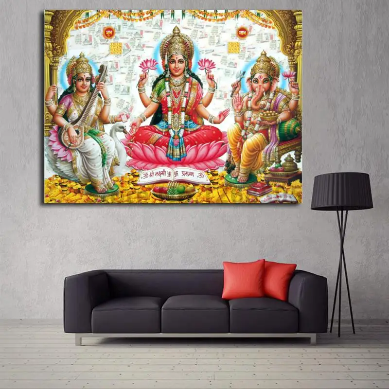 Shri Lakshmi Devi Saraswati Devi Ganesh Картина на холсте Печать гостиной домашний декор Современное украшение на стену, живопись маслом плакат художественное оформление