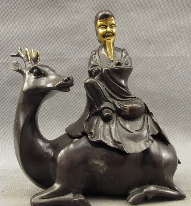 

S3621 8" Folk Chinese Bronze Happy Old Man God Ride Deer Statue Incense Burner Censer D0317