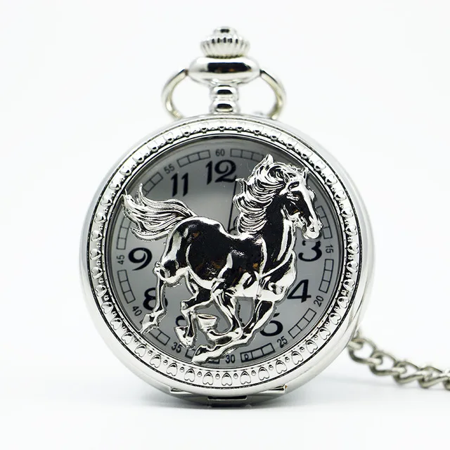 

Antique Shilver Horse Hollow Quartz pocket Watch Necklace Chain Pendant Womens Men Watches Gifts TD2168