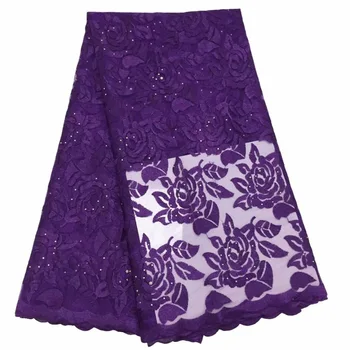 

High Quality Purple Mesh Lace Fabric African Nigerian Embroidered rhinestones Guipure Tulle Net Laces For Indian Lady Dress