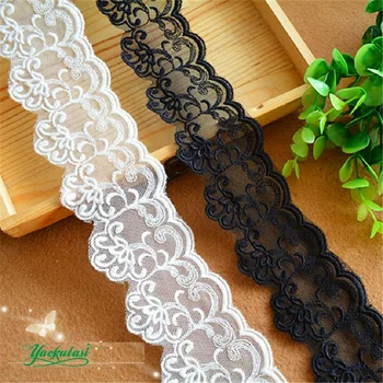 

YACKALASI 14 Yds Cotton Embroidery Lace Soft Tulle Trim Double Scalloped White and Black 3D Flower Sewing Apparel Trims 5.5cm