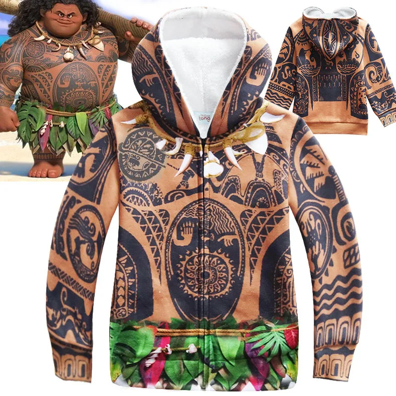 

Kid Mauit Jacket Moana Cosplay Costumes Maui Tattoo Pattern Winter Thick Coat Daily Cardigan Mutlty-Color Hoodies Halloween Cos